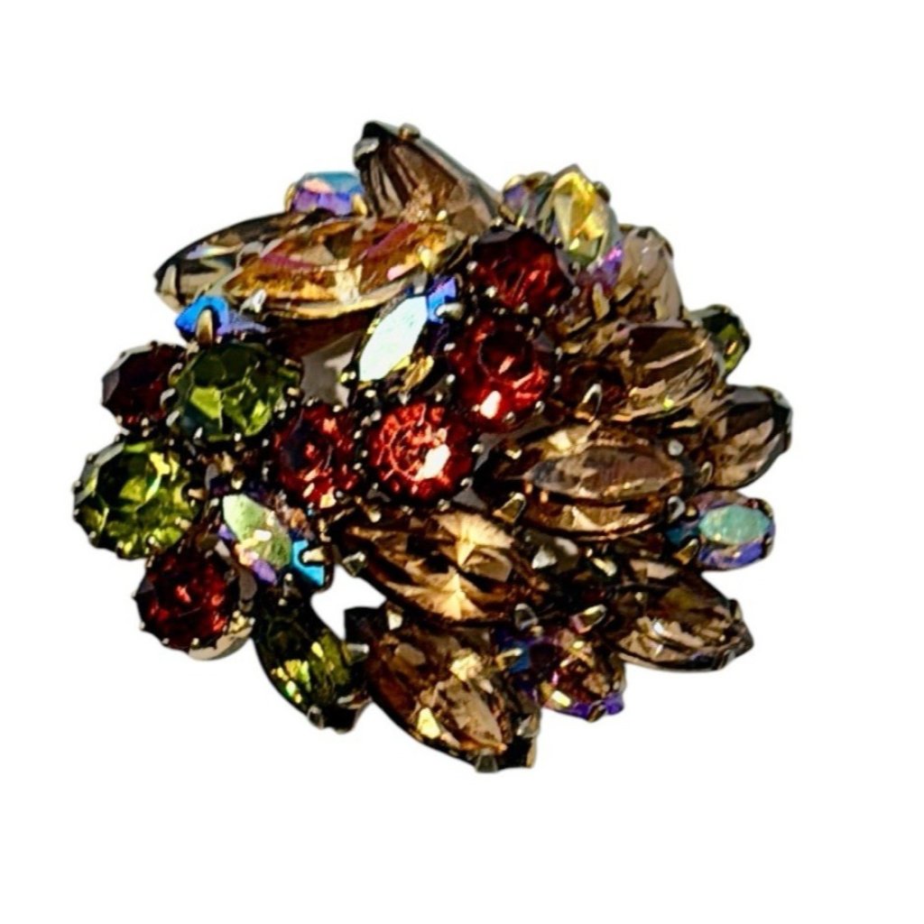 Weiss Signed Stunning Colorful Rhinestone Pin Brooch Vtg Amber Marquise Ab Red 95$